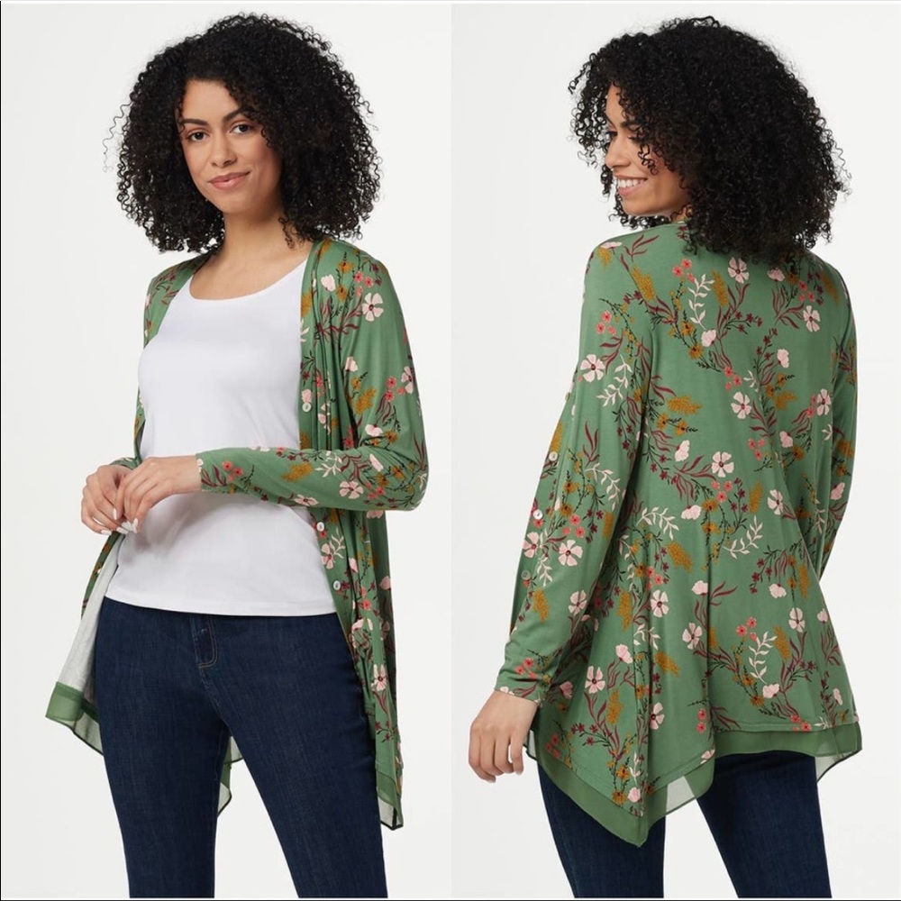 LOGO LORI GOLDSTEIN Green Floral Lux Button Front Waterfall Drape Top Cardigan